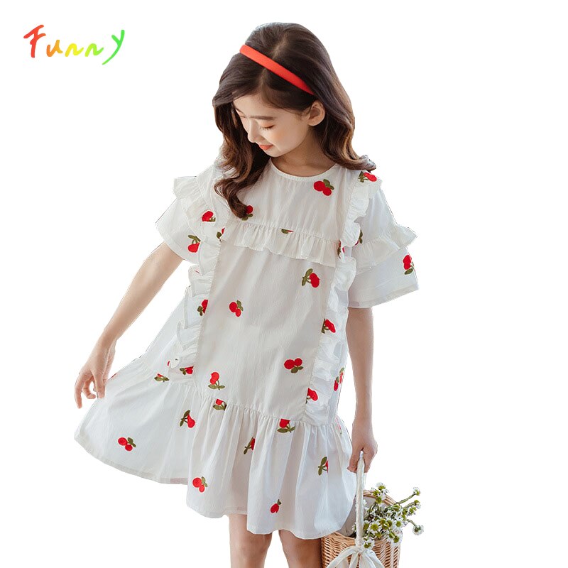 Ricamo Teen Girls Dress Cherry Patterns mezza manica increspature abito estivo in cotone abiti per bambini 6 8 10 12 14 anni