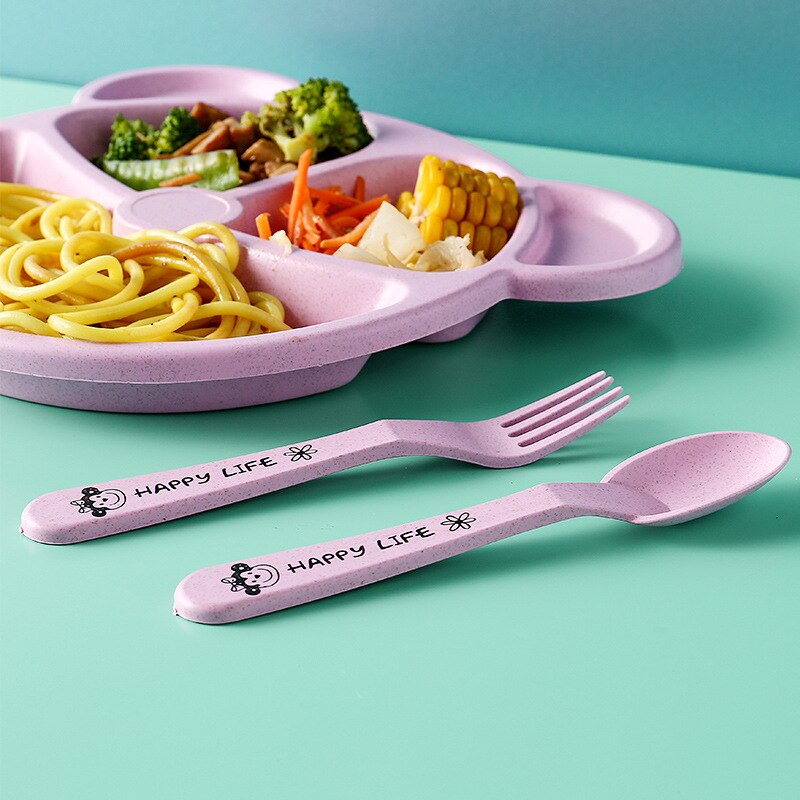 Assiette à grille en paille de blé pour enfants, vaisselle de table pour écoliers de maternelle, ensemble de 3 pièces