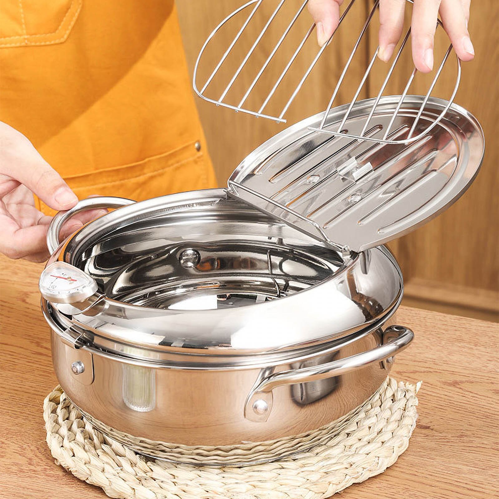 Kitchen Deep Frying Pot Thermometre Tempura Fryer Pan Temperature Control Fried Chicken Pot Cooking Tools Stainless Steel
