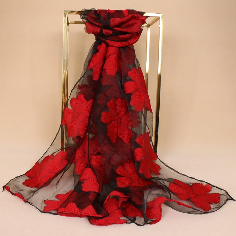 Vanlig brodert floral chiffong skjerf foulard kvinner langt mykt blondere sjal Strand pakke inn hals stjal echarpe sjaal