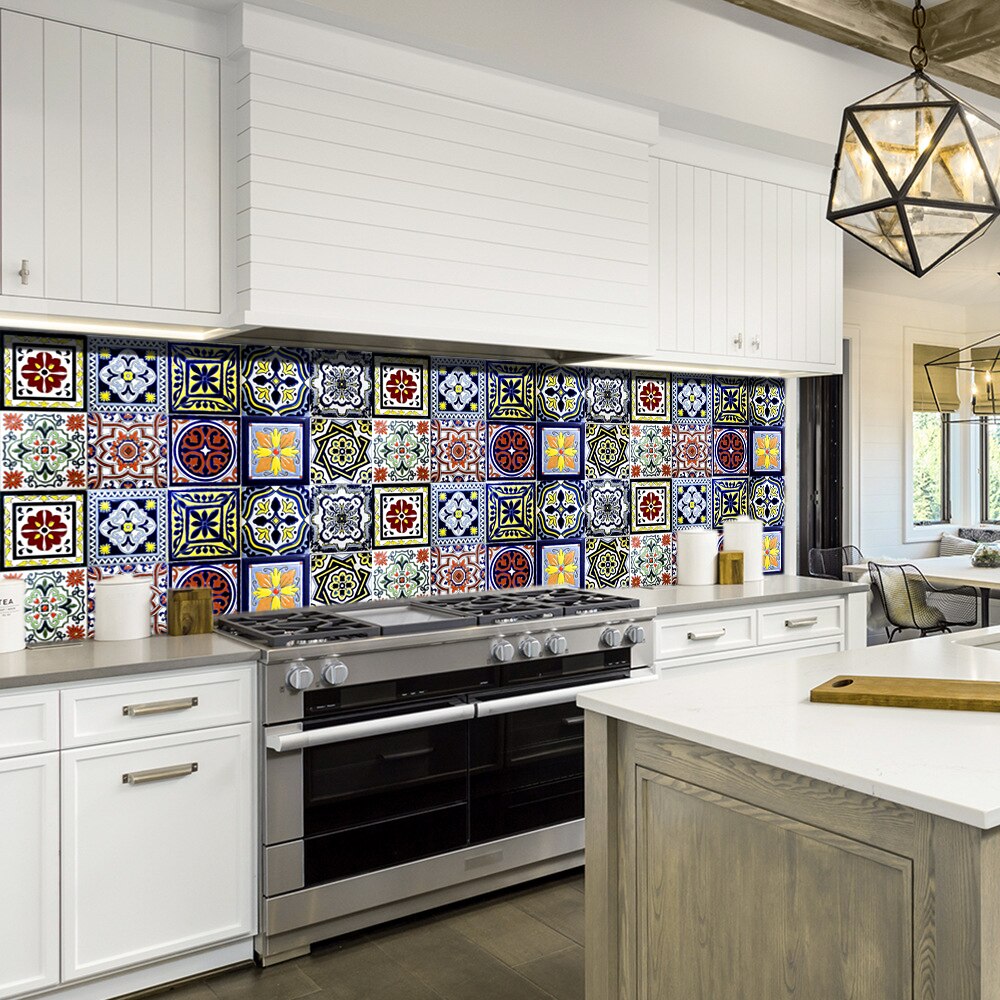 10pcs Colorful Retro Tiles Sticker Kitchen Backsplash Wardrobe Bathroom Glass Renovation Waterproof Peel &amp; Stick Art Wallpaper