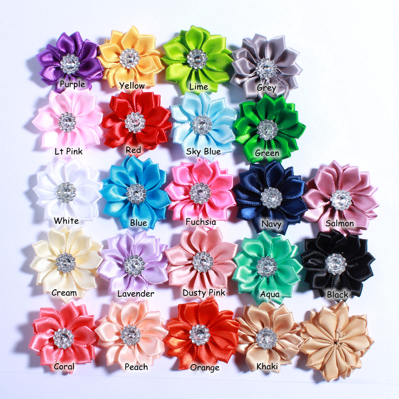120PCS 4CM Multilayer Mini Satin Flower With Acrylic Button Silk Ribbon Fabric Flower For Head Wear U Pick Color: MULTI