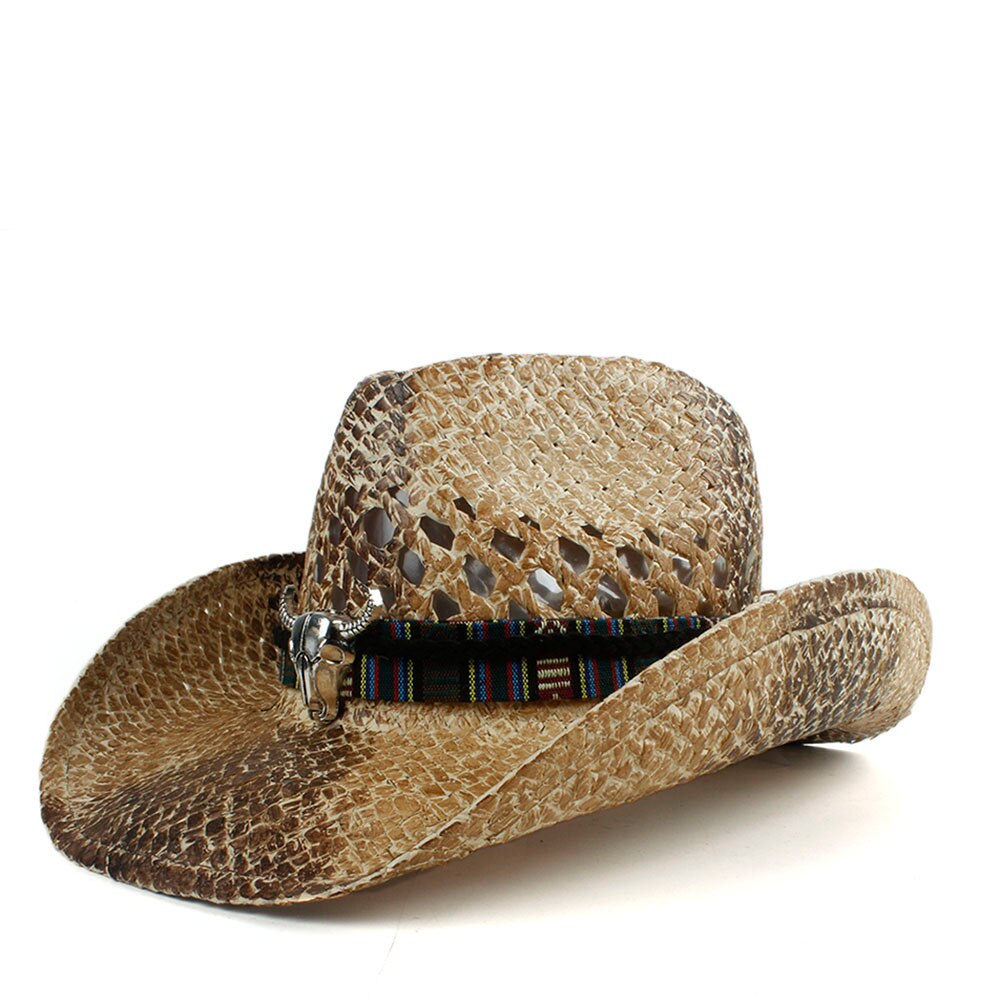 Western Cowboy Hat For Women Men Handmade Straw Bohemia Sombrero Hombre Straw Cowgirl Jazz Sun Caps Size 56-58CM: Khaki Ntou