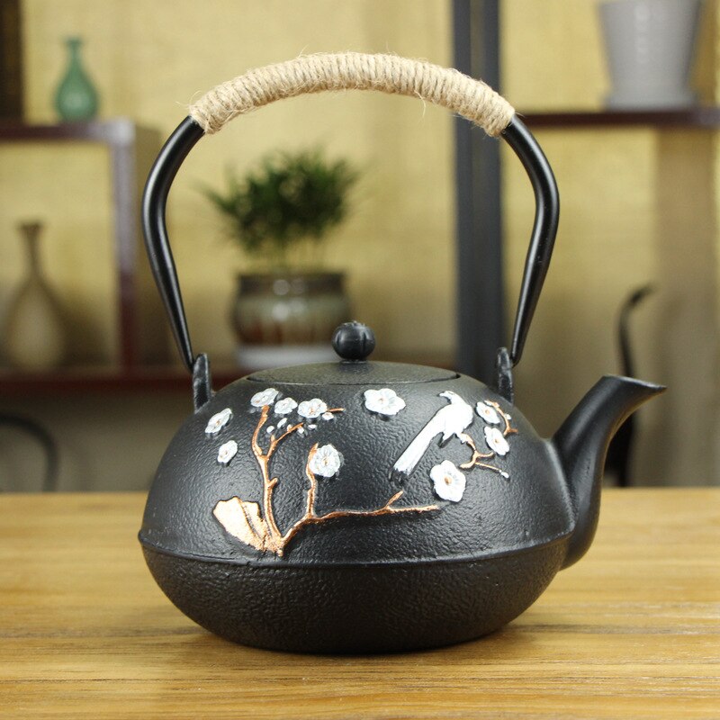 Gjutjärnskruka japansk ren handgjord järnkruka föredrar ögonbrynsspets järntekanna obestruken järnkruka clearance blomma svart 1.2l: H