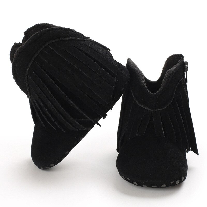 Baby hoge schoenen herfst en winter effen kleur antislip prinses prewalker met franje laarzen meisjesschoen: Zwart / 11