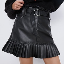Mini faldas de PU negras para mujer falda de cuero de imitación para mujer con cinturón de lazo en la cintura para mujer IP