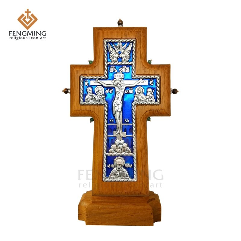 Ortodokse kryds kristne metal krucifiks på egetræ religiøst ikon dåb russere kunst