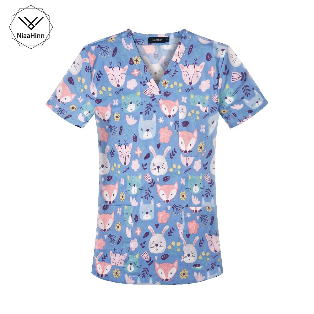 Vrouwen Leuke Cartoon Print Verpleging Scrubs Tops T Shirt Casual Korte Mouw Vrouwen Scrubs Uniformen Verpleegster V-hals Pocket Vrouwen Kleding: 62033 tops / Xl