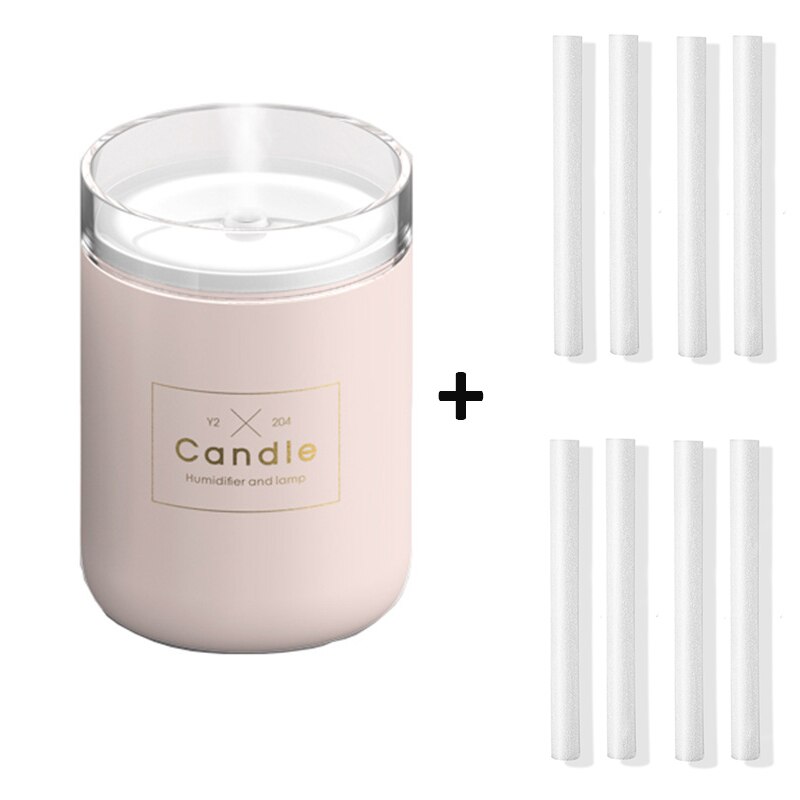 280ML Air Humidifier LED Candle Ultrasonic Cool Mist Essential Oil Diffuser USB Aroma Lamp Car Purifier Fogger Mist Maker: Pink-8 filter