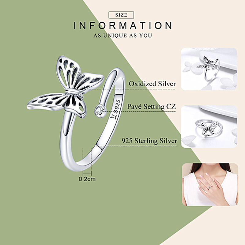 Authentic 925 Sterling Silver Vintage Butterfly Adjustable Finger Rings for Women Wedding Engagement Ring Jewelry SCR448