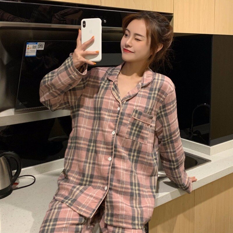 Xifer forår og efterår koreansk version af det børstede gitter komfortabel par pyjamas langærmede bukser home wear sæt: En ms / Xl