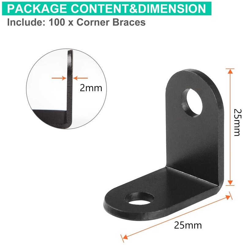 100PCS Angle Bracket,25 x 25 x 2mm Corner Brace, 90 Degree Internal Angle Brackets, Brackets Joint for Wood Furniture