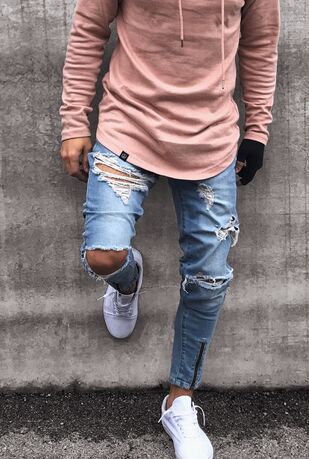 Man Pants Jeans Streetwear Men Jeans Vintage Destroyed Ripped Elastic Zipper Jeans Pants Hip Hop Jeans Men Plus Size