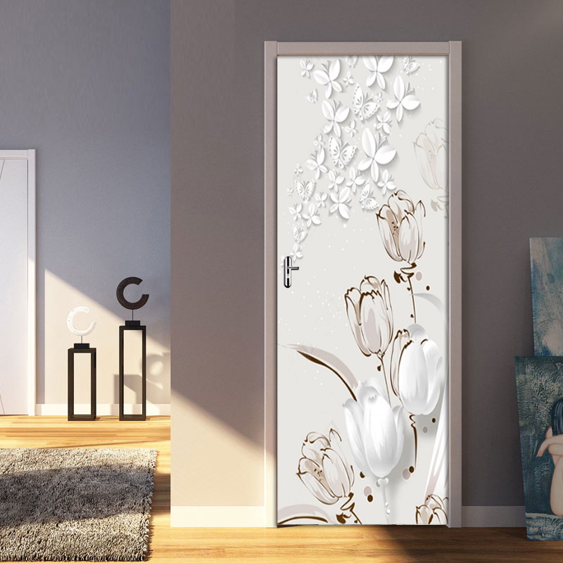 PVC Self-Adhesive Waterproof Door Wall Sticker 3D Tulip Stereo Butterfly Wallpaper 3D Door Mural Living Room Study Home Decor