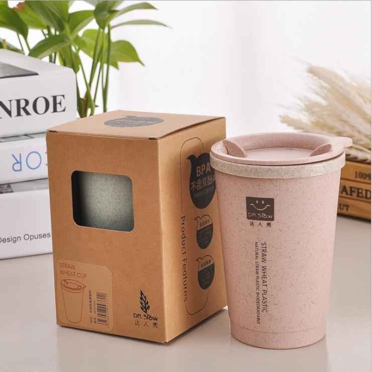 280ML Double-wall Insulation Wheat Fiber Straw Coffee Cup Travel Mug Leakproof plastic cups with lids tea cup cute coffee cup b
