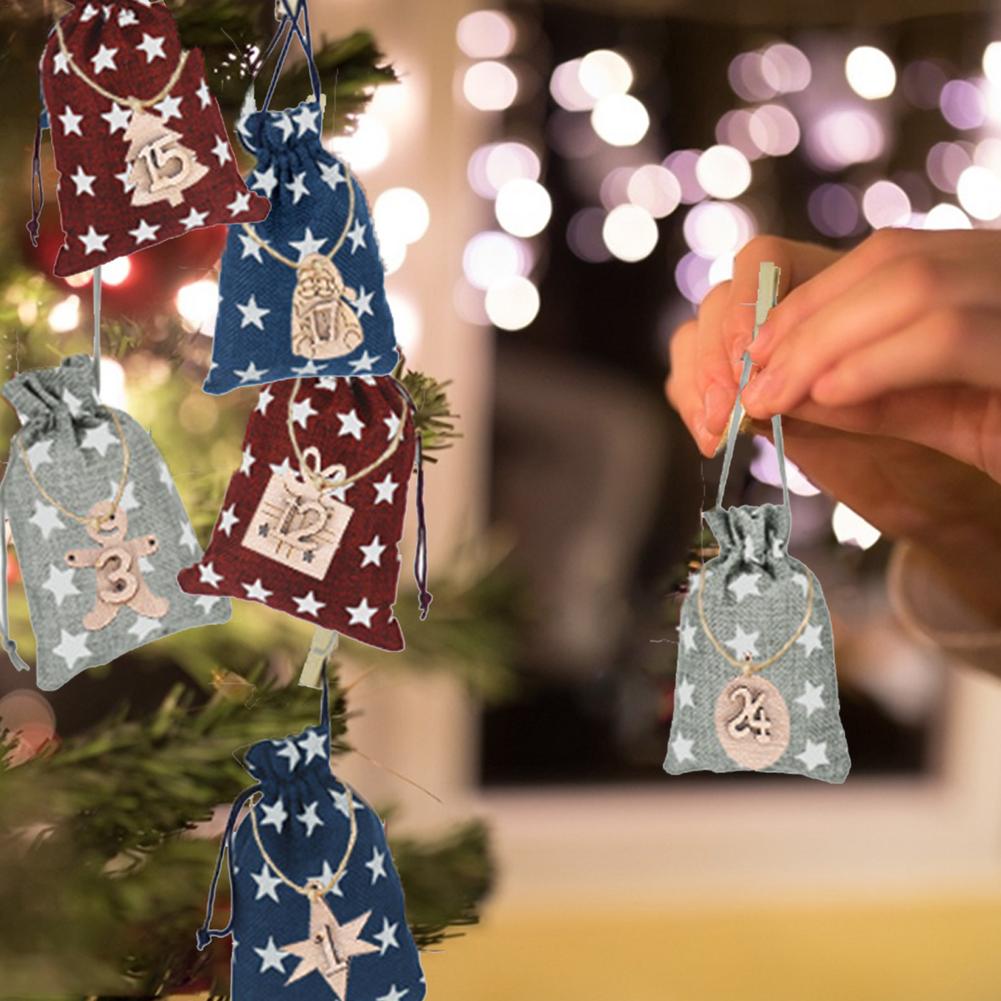24Pcs Kerst Kalender Katoen Linnen Zak Advent Kalender Stof Candy Bag Christmas Bag Kerst Decoratie Kalender Set