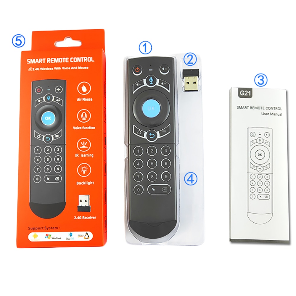 G21 pro 2.4g slimme spraakgestuurde afstandsbediening met achtergrondverlichting, gyro, ir-leerfunctie, draadloze luchtmuis voor  x96 mini  h96 max android tv-box vs  g20