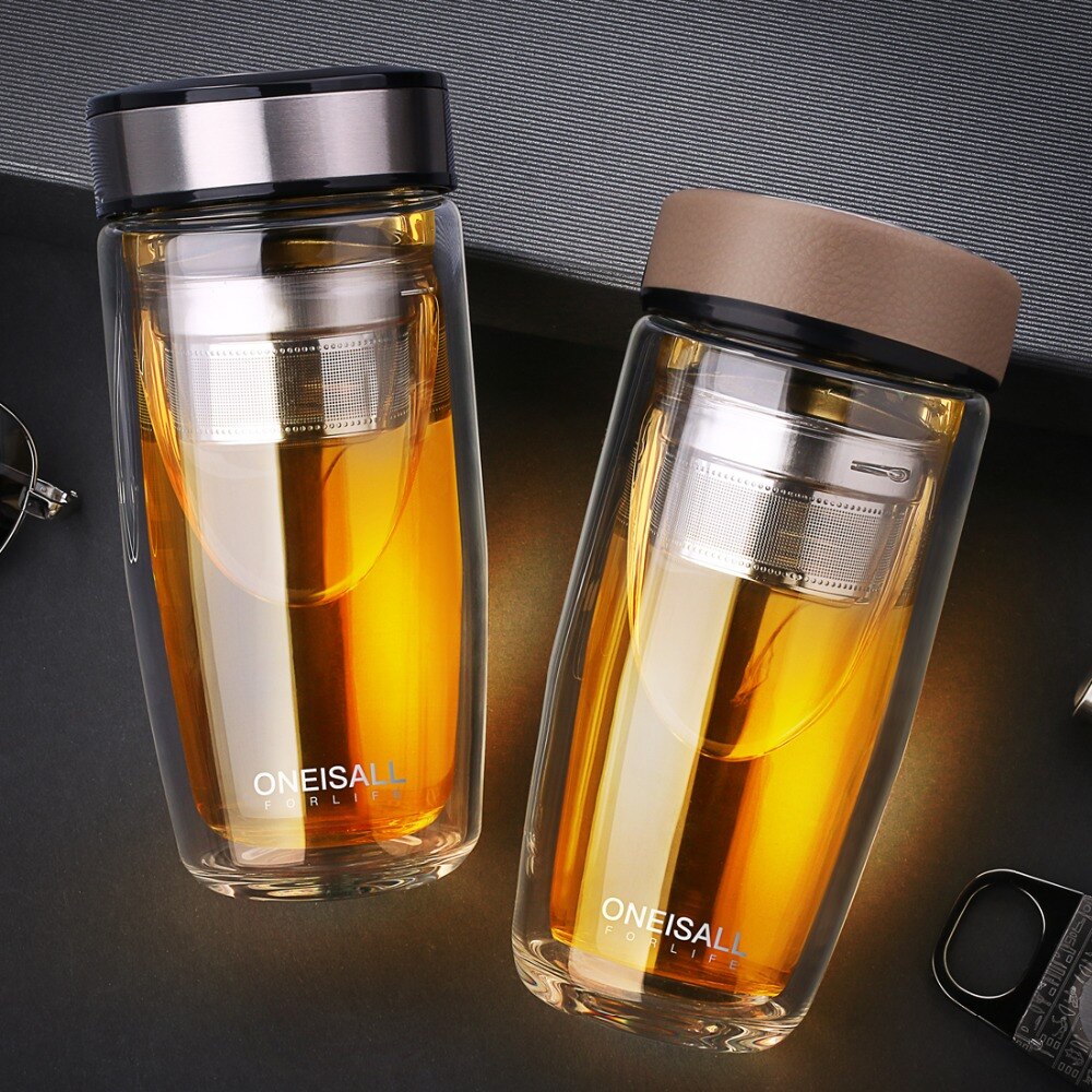 Oneisall 380 Ml Dubbele Water Fles Auto Gemonteerd Verbranden Proof Glazen Fles Rvs Filter Thee Tumbler Mannelijke