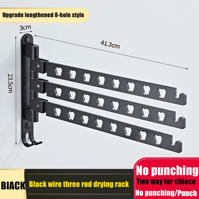 Aluminum Wall Mounted Laundry Clothes Rack Swivel Folding Clothes Hanger Rack Dryer Balcony Drying Rack For Clothes Hanger: Black Triple Bar