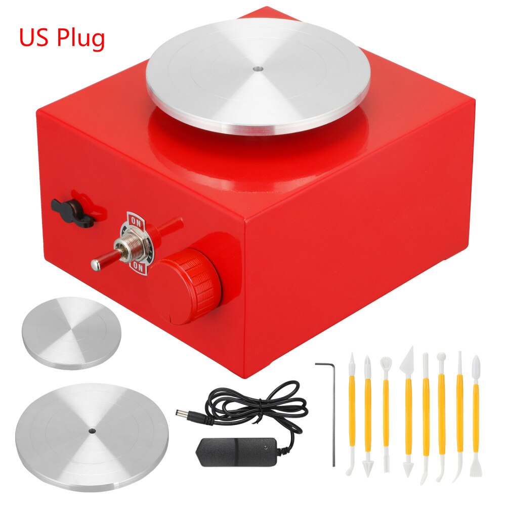 Mini rueda eléctrica de alfarería, máquina de alfarería con rueda giratoria de cerámica, herramientas para arcilla DIY, enchufe US y EU: US Plug 110V-Red