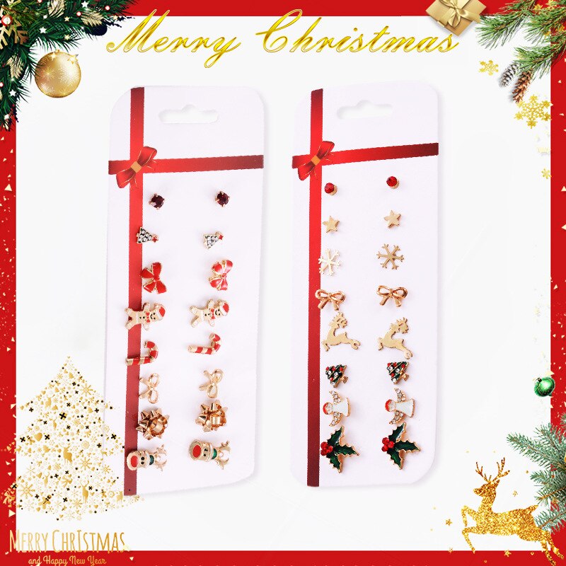 8 Stks/set Kerst Crystal Elanden Kerstboom Gouden Sneeuwvlok Oorbellen Rode Strik Oorbel Set Voor Vrouwen Sieraden Accessoires