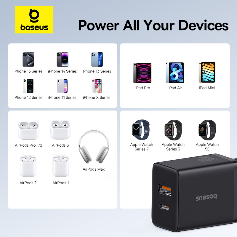 Baseus pd carregador 30w usb tipo c carregador rápido qc3.0 usb c carga rápida 3.0 porta dupla carga de telefone para iphone 15 14 13 12 macbook