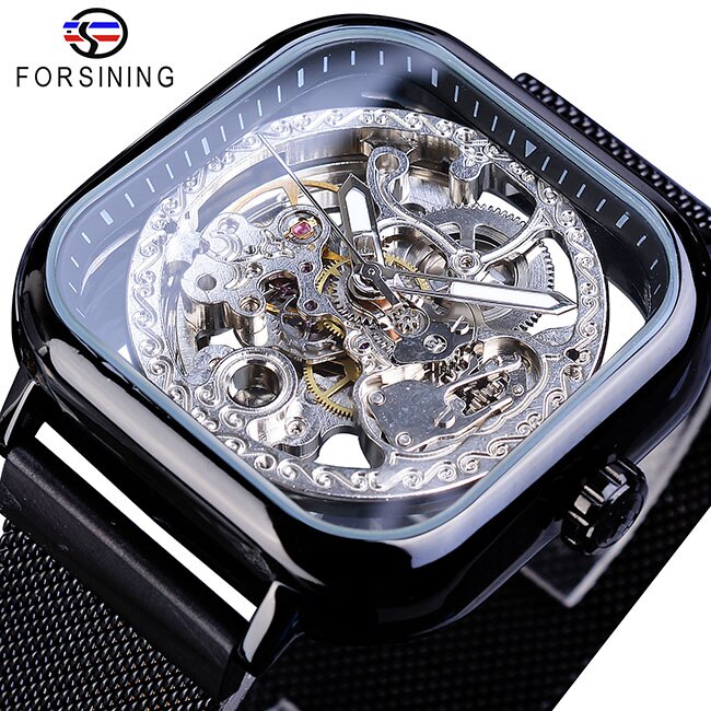 Mode Forsining Mannen Mechanische Horloges Automatische Self-Wind Golden Transparante Mesh Steel Horloge Skeleton Man Mannelijke Uur: GMT1148-7