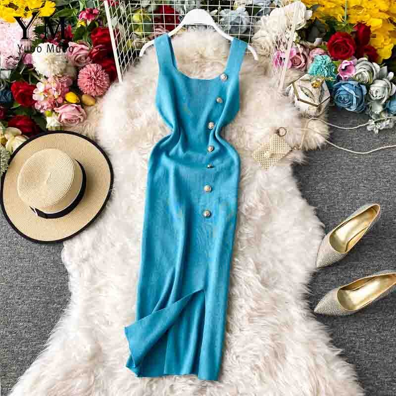 Yuoomuoo ins kvinder sommer strikkjole sommerknapper split bodycon kjole slank dame kontorkjole: Himmelblå