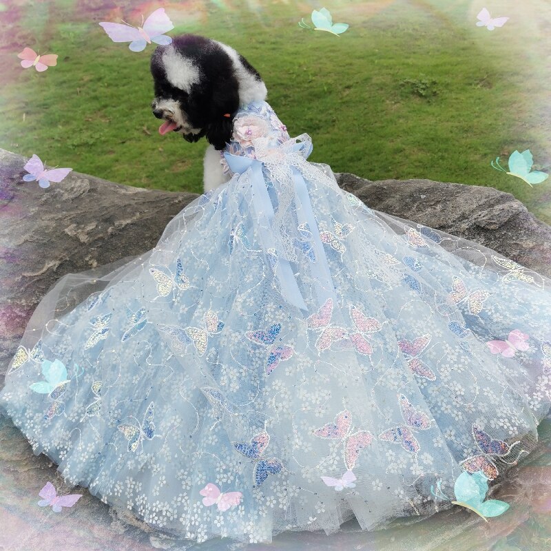 Hond Zomer Jurken Luxe Handgemaakte Blauw Kant Daisy Geborduurd Puppy Hond Prinses Meisje Tailing Jurk Huisdier Kleding Outfits