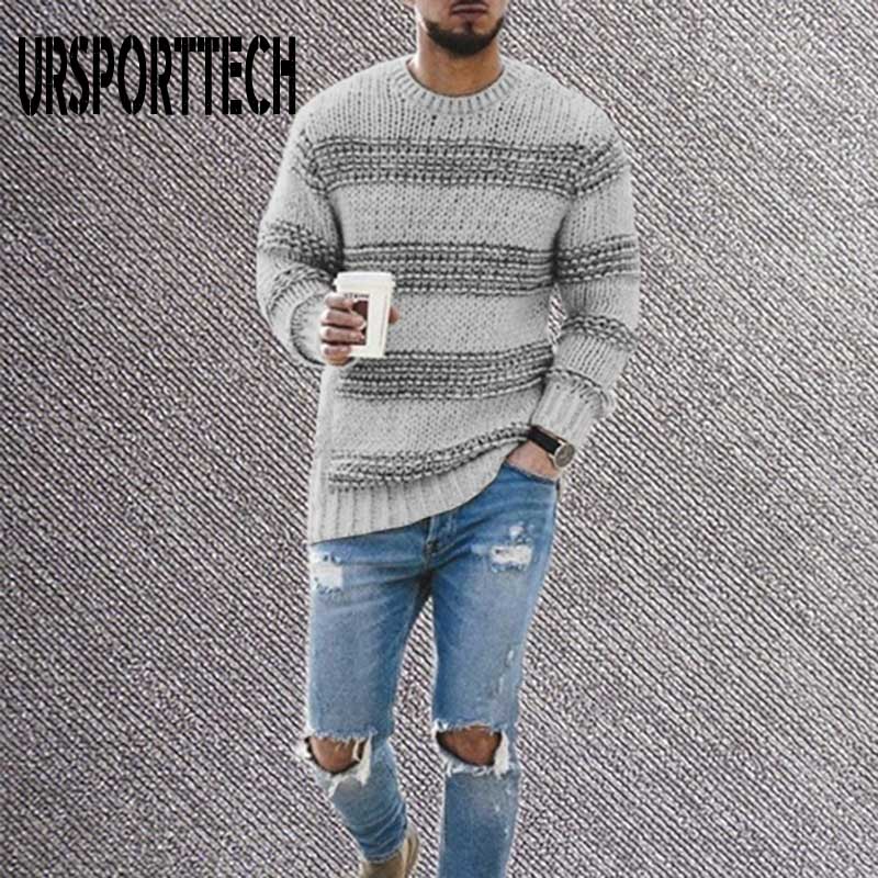 Mærke herresweater efterår vinter pullover uld slim fit striktrøje stribet herretøj afslappet patchwork pull homme: Grå / S