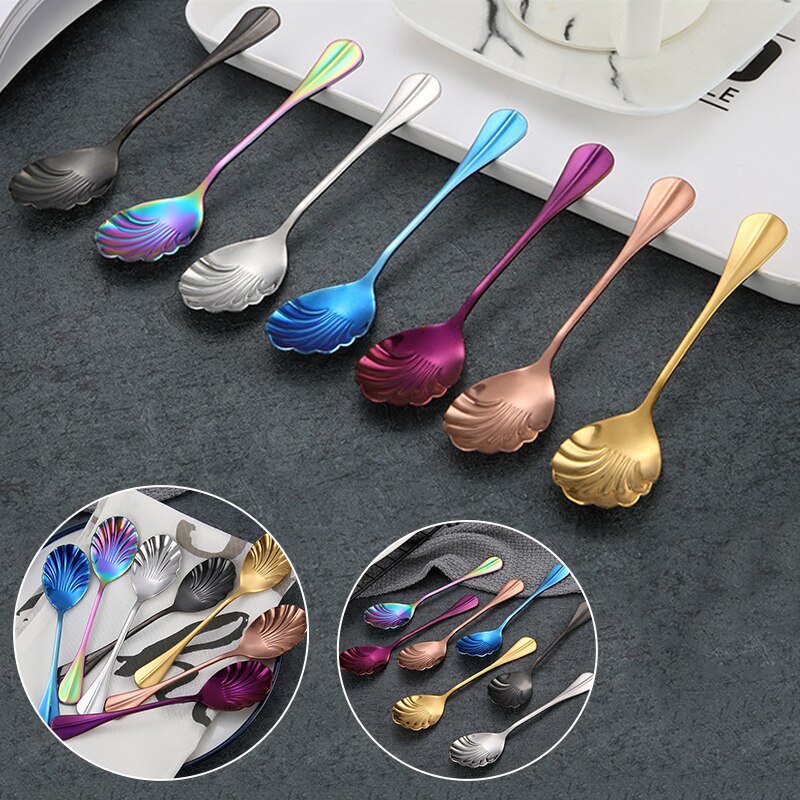 Shell Shape Stainless Steel Spoon With Long Handle Coffee Spoons Teaspoons Ice Cream Dessert Spoons Kitchen Bar Accessories