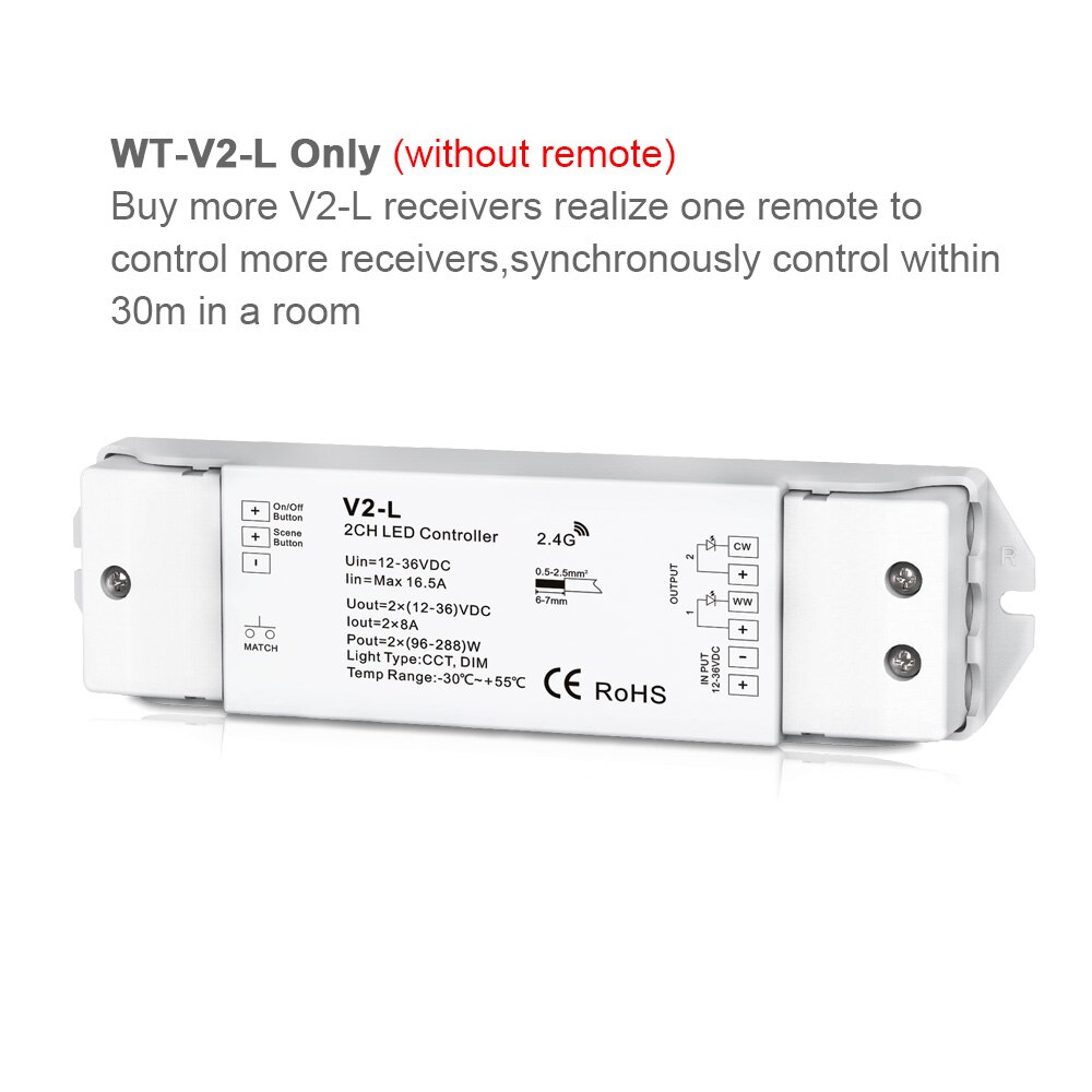 LED Dimmer Switch CCT 12V 24V 36V RF Wireless 2.4G Remote Smart Wifi 2CH WW CW LED Controller for CT Single Color LED Strip V2-L: V2-L Dimmer Only