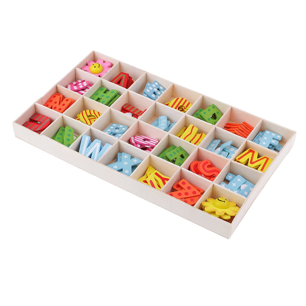 112 stykker træ alfabet bogstaver børn uddannelse legetøj med opbevaringsbakke: Flerfarvet