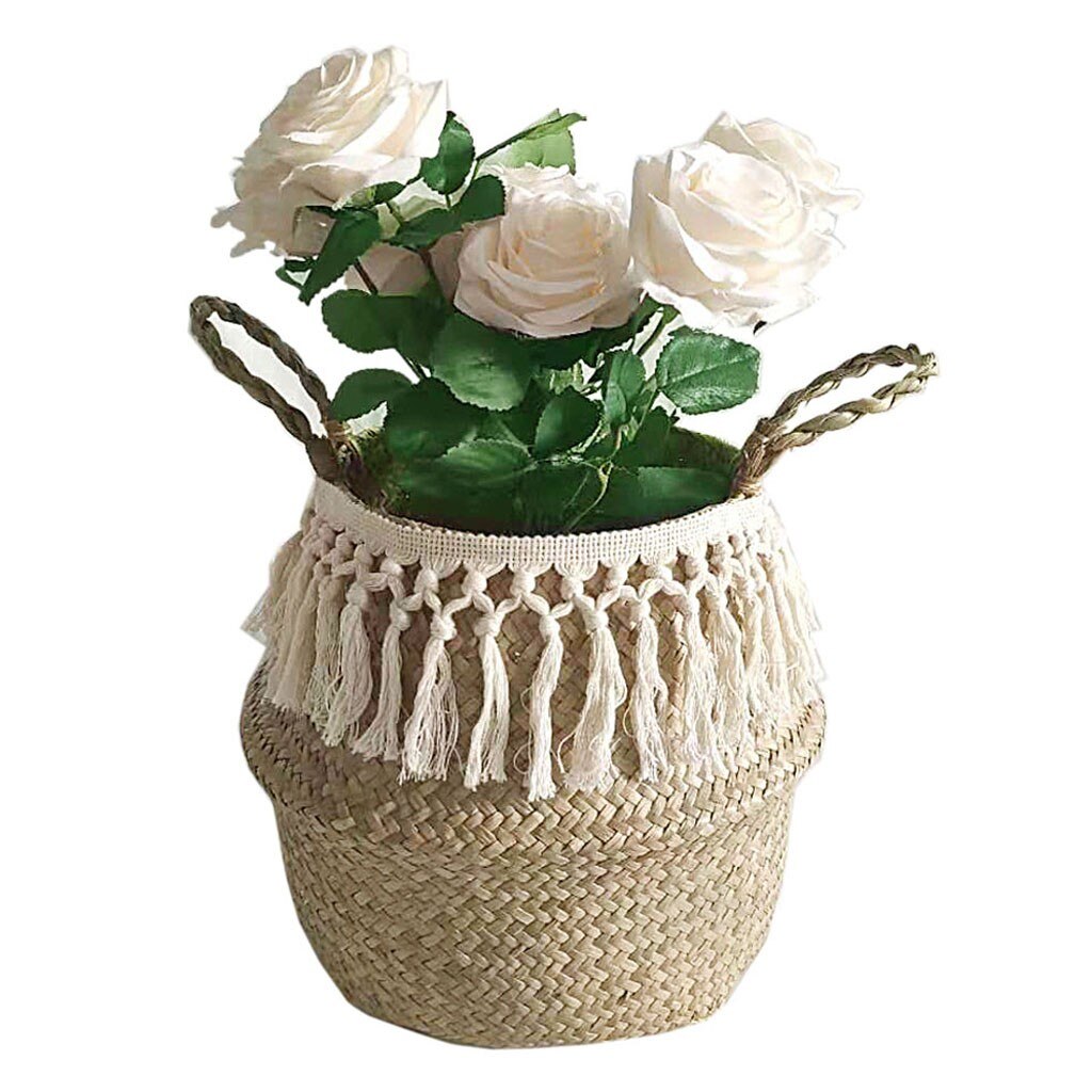 Seagrass Wicker Basket Flower Pot Folding Basket Storage Basket Decoration Garden Flower Pot Planter Handmade Hanging Baskets