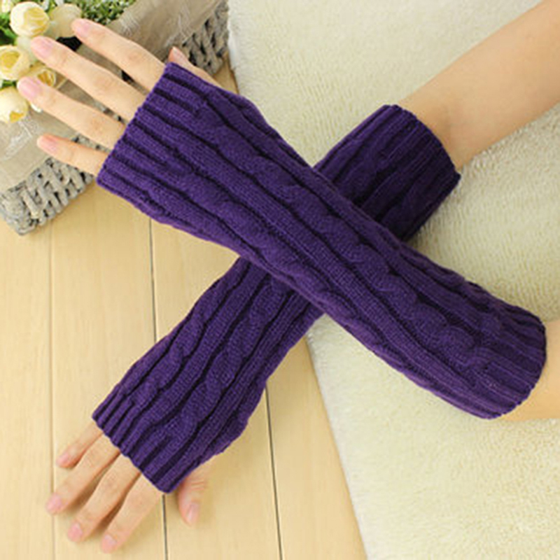 Guantes largos de lana de medio dedo para mujer, guantes gruesos de tejido para Otoño Invierno: Morado