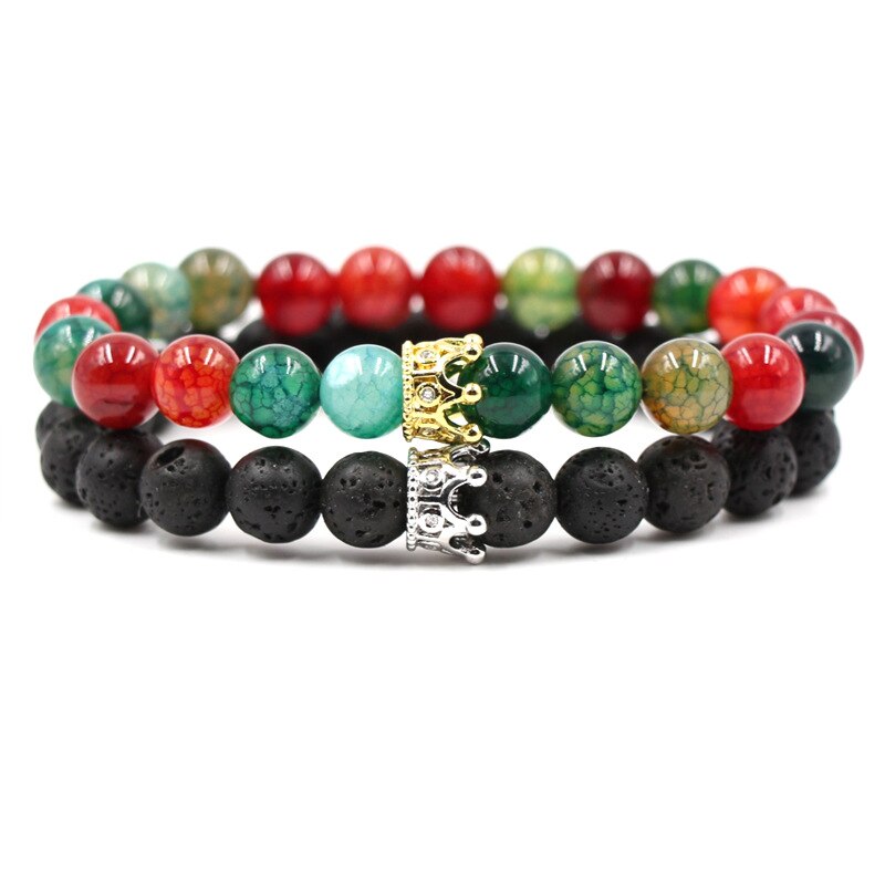8mm 2 stk/sæt par mikro indsat zirkon krone armbånd klassisk natursten elastisk kvinder charm perler armbånd til mænd smykker: Farve 11