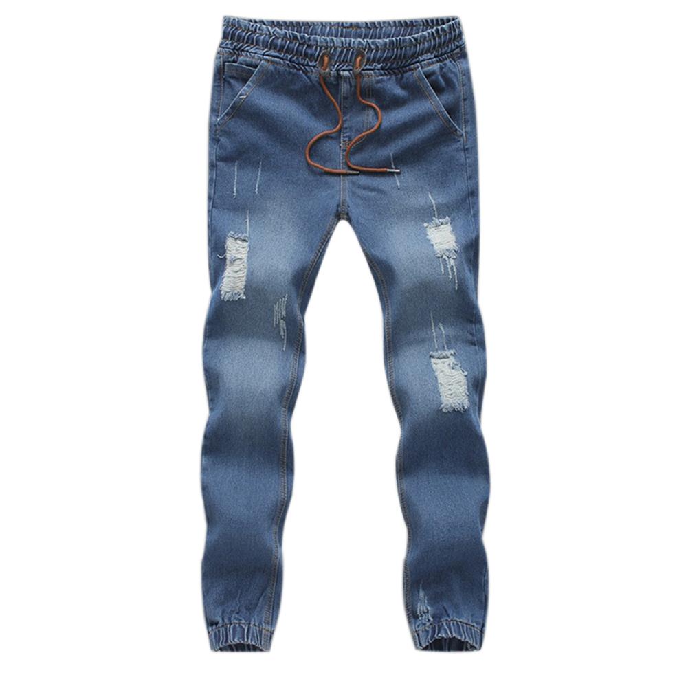 Men Jeans Drawstring Slim Denim Ankle Length Jogging Casual Pants