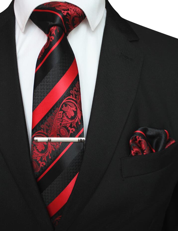 RBOCOTT 3PCS Men's Floral Tie Handkerchief Set Yellow Striped 8cm Necktie Pocket Square Tie Clip Red For Men Wedding Accessories: 06