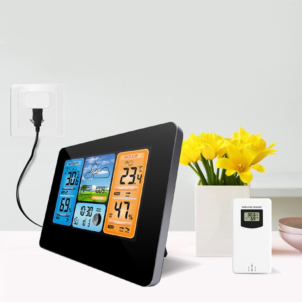 Wireless Weather Clock Indoor Outdoor Thermometer Hygrometer Digital Weather Forecast Barometer Calendar Alarm Clock without Bat