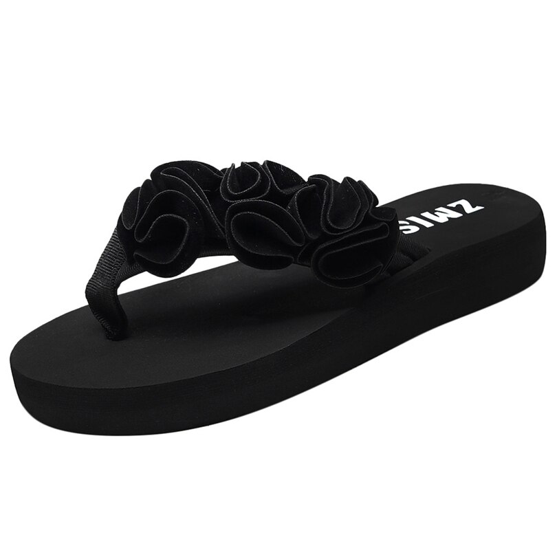 Pantoufles d'été en plein air femmes bohême fleur pince orteil tongs compensées antidérapantes chaussures de plage sepatu wanita: Black / 38