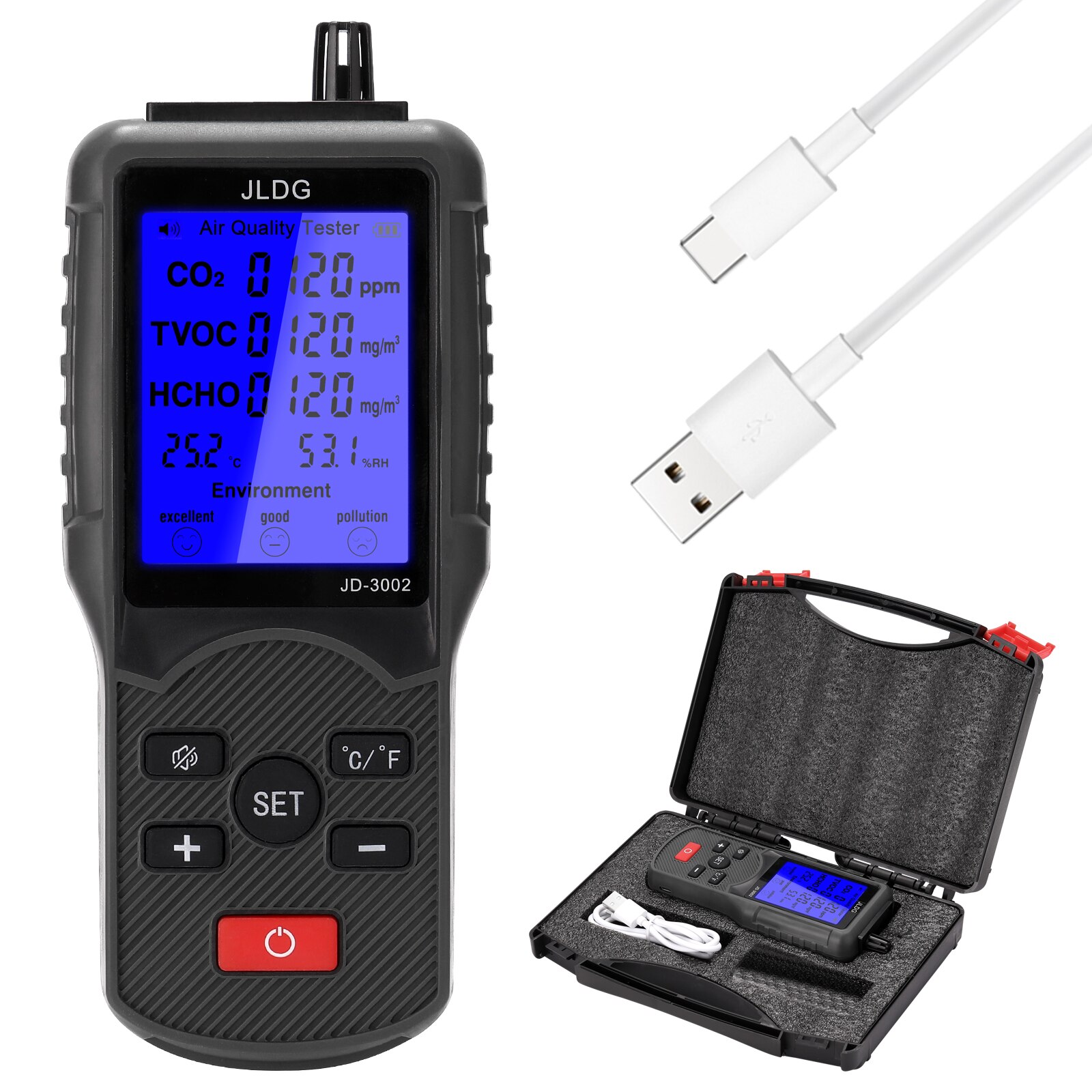 Kohlendioxid Tester CO2 Detektor Luft Detektor TVOC Meter Temperatur Feuchtigkeit Messgerät Multifunktionale Tester: Black
