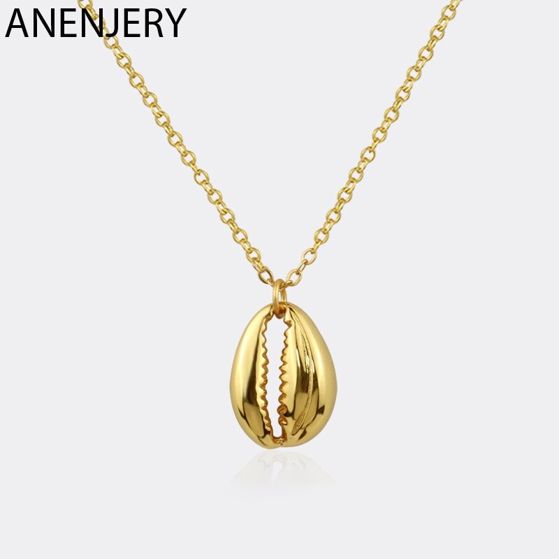 ANENJERY 925 Sterling Silver Geometric Shell Shape Necklace for Women Simple Jewelry S-N766