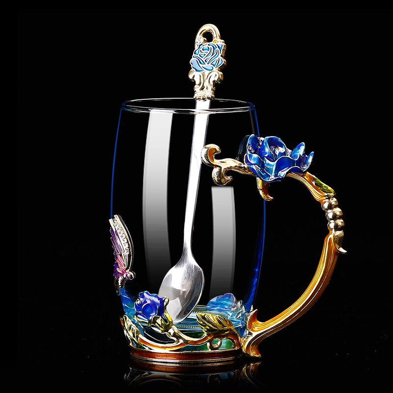 Glass Coffee Mug Tea Cup Enamel Crystal Flower High-grade Handgrip for Lover Wedding R2078