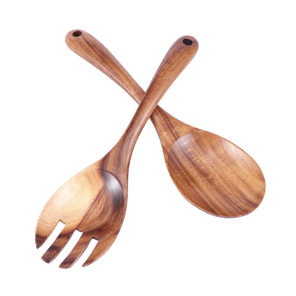 Natural Wooden Kitchen Cooking Spoons Large Salad Server Wood Fork Spoon Cutlery Set Wooden Utensils Tableware