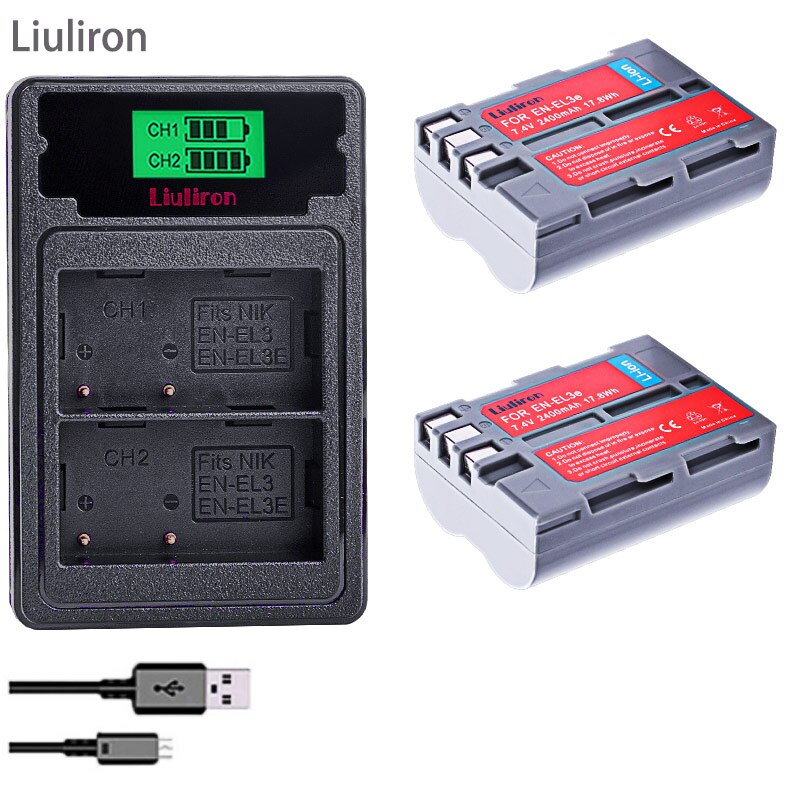 4X 7.4V 2400MAH EN-EL3E EN EL3e ENEL3e EL3 Battery + LCD CHARGER For Nikon D300S D300 D100 D200 D700 D70S D70 D80s D80 D90 D50: charger and 2battery