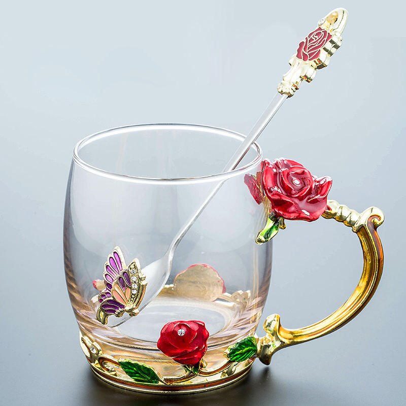 Enamel Water Cup Glass Cup Household Set Flower Tea Crystal Coffee Mug Beer Mug with Handle Wedding Tableware: F