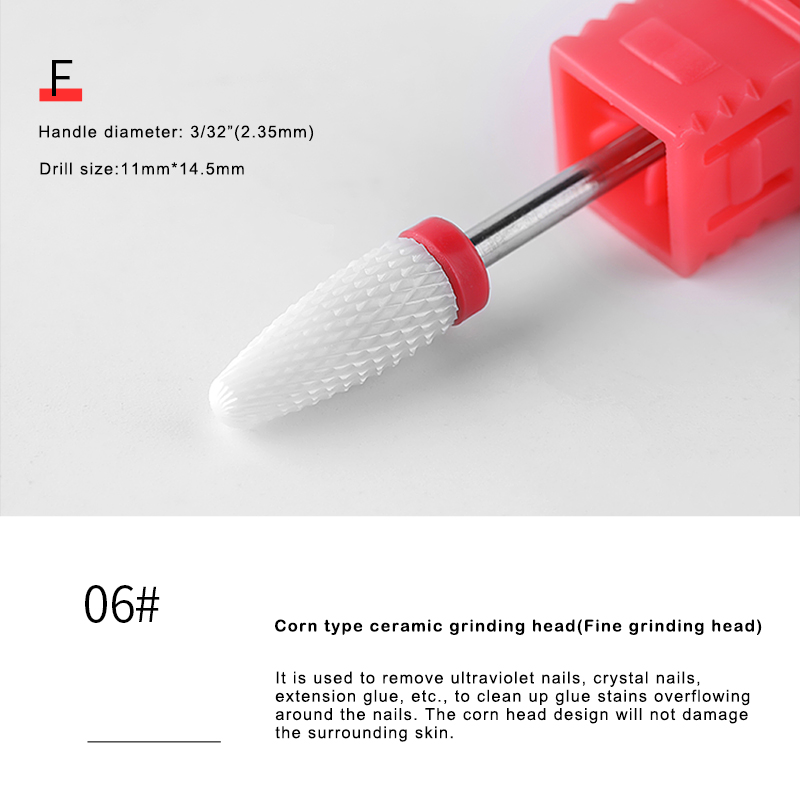 Broca limpiadora de uñas de cerámica blanca, taladro de uñas (arena: mediana), 3/32 ", tamaño de vástago, para limpieza de cutículas, seguridad: 06