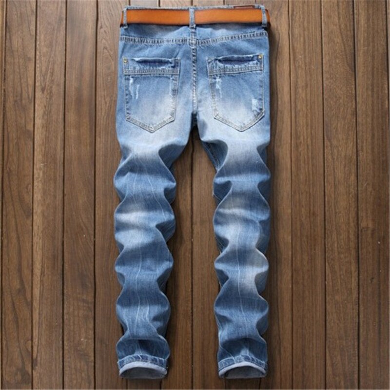 Original Style Worn-Out Middle-Waist Jeans European American Summer Light Blue Ripped Denim Pants Fashionable Trouser