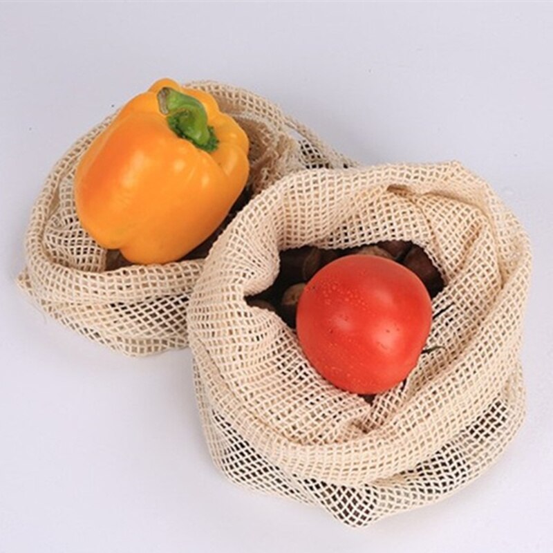 Populaire katoenen fruit- en groente-opbergzak met trekkoord, herbruikbare keukennetzak, wasbaar