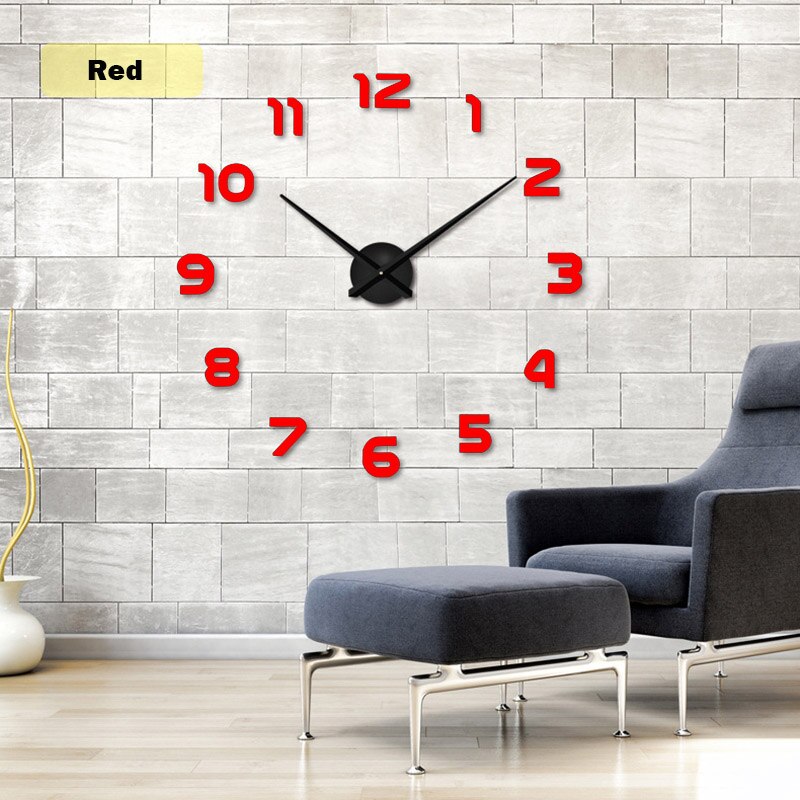 moderne 3D DIY Wanduhr Acryl Spiegel Wand Aufkleber Uhr Hause schmücken Uhren Metall Zifferblatt Mit Stumm Bewegung uhr: red / 47 inch